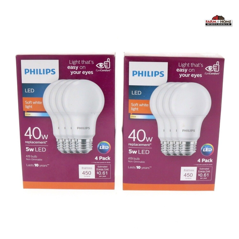 (2) 4 Pack Philips Soft White 40w Replacement 5w LED ~ NEW